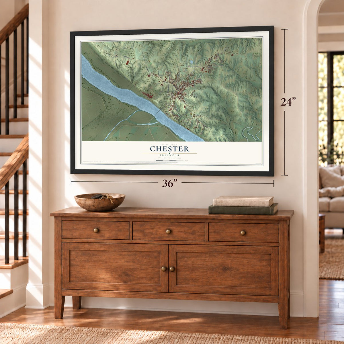 Chester, Illinois map, 24 x 36 inch print in a black frame above a dresser by a staircase