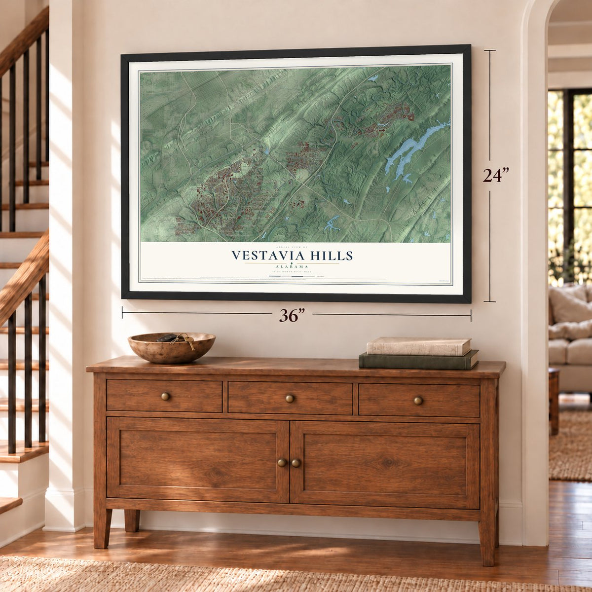 Vestavia Hills, Alabama map, 24 x 36 inch print in a black frame above a dresser by a staircase