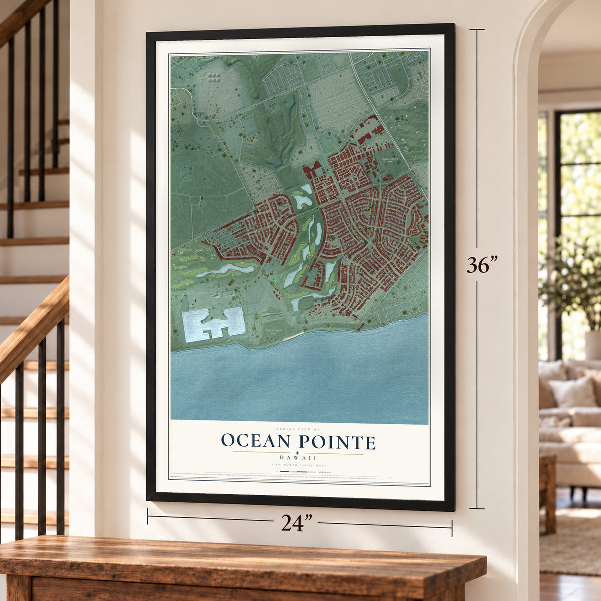 Ocean Pointe, Hawaii map, 24 x 36 inch print in a black frame by a staircase
