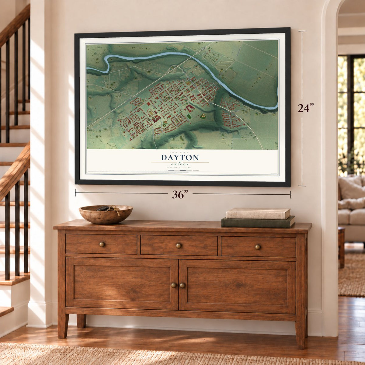 Dayton, Oregon map, 24 x 36 inch print in a black frame above a dresser by a staircase
