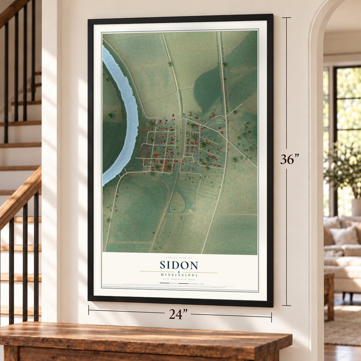 Sidon, Mississippi map, 24 x 36 inch print in a black frame by a staircase