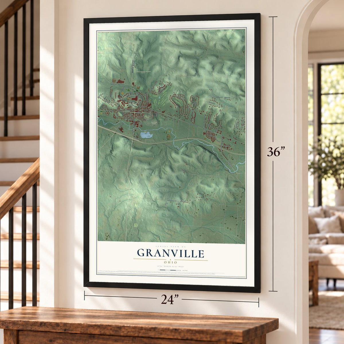 Granville, Ohio map, 24 x 36 inch print in a black frame by a staircase