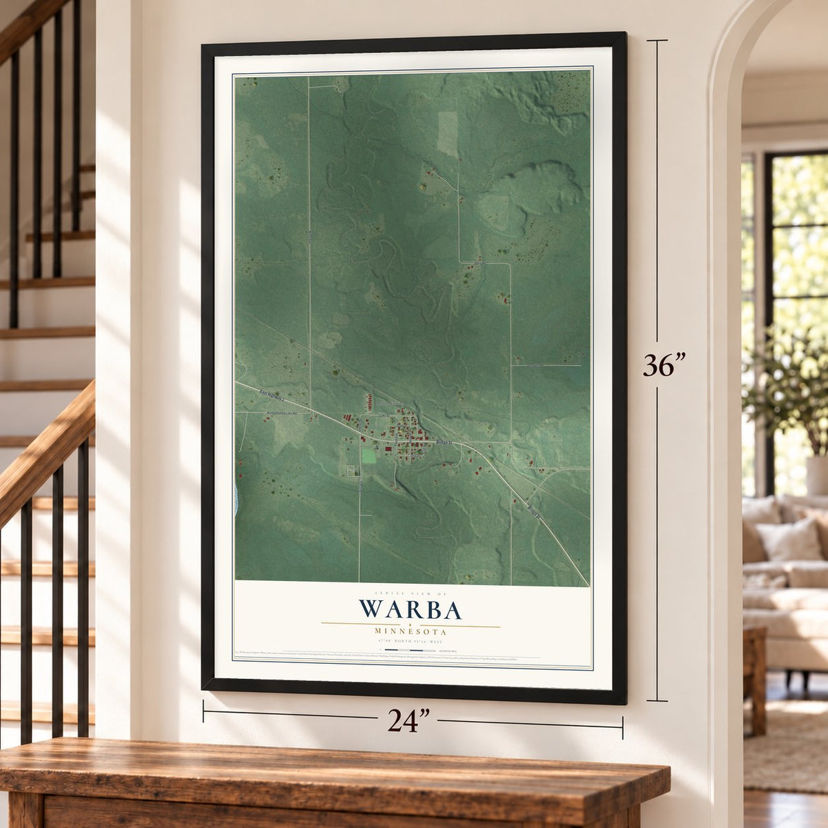 Warba, Minnesota map, 24 x 36 inch print in a black frame by a staircase