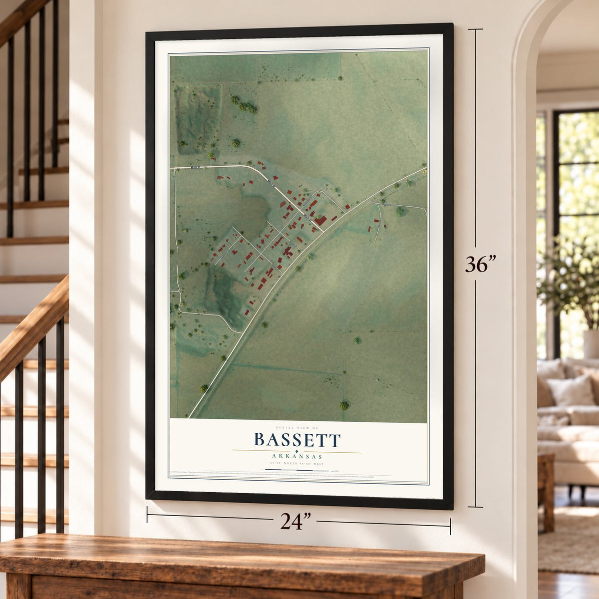 Bassett, Arkansas map, 24 x 36 inch print in a black frame by a staircase