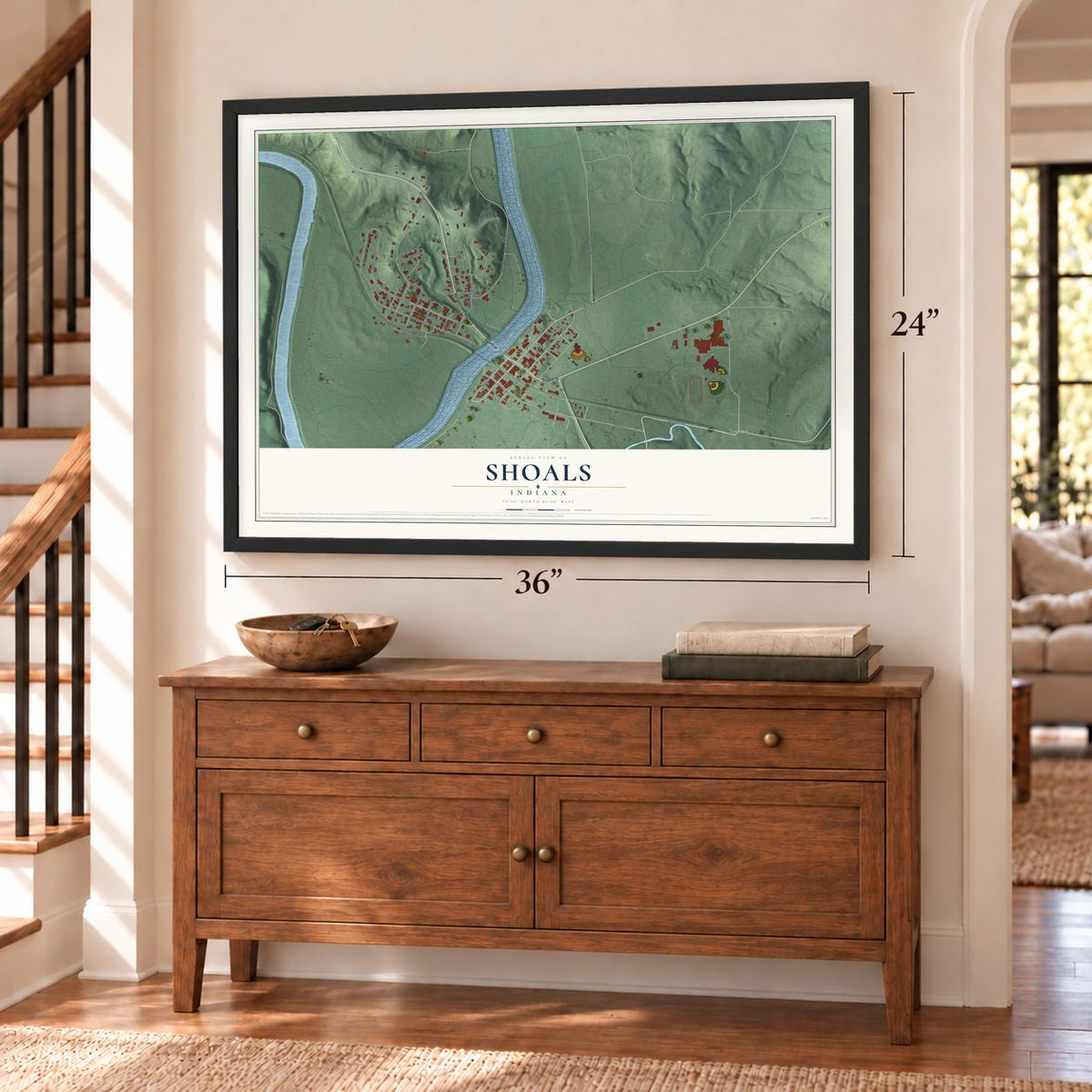 Shoals, Indiana map, 24 x 36 inch print in a black frame above a dresser by a staircase