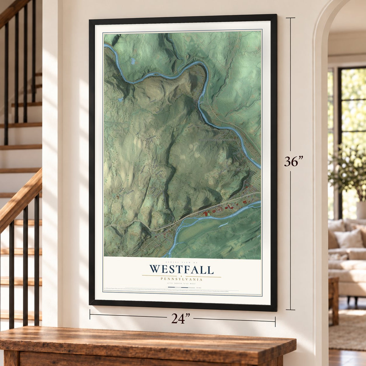 Westfall, Pennsylvania map, 24 x 36 inch print in a black frame by a staircase