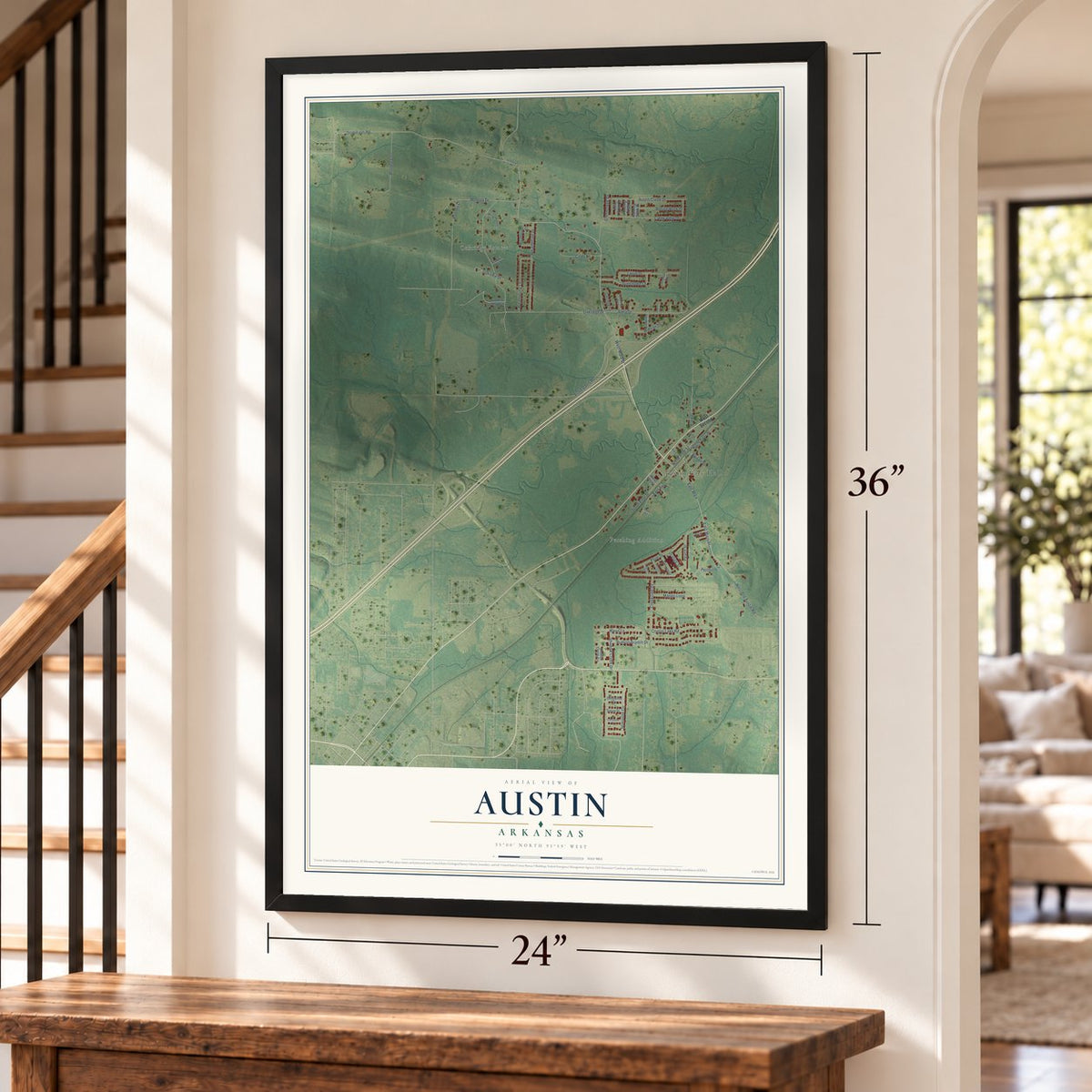 Austin, Arkansas map, 24 x 36 inch print in a black frame by a staircase