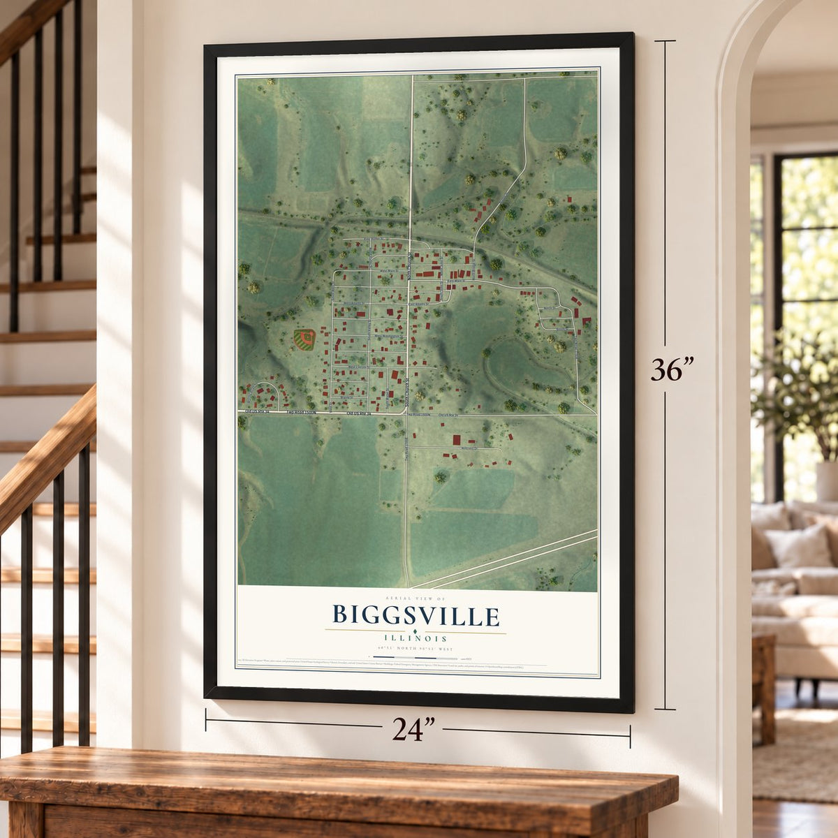 Biggsville, Illinois map, 24 x 36 inch print in a black frame by a staircase