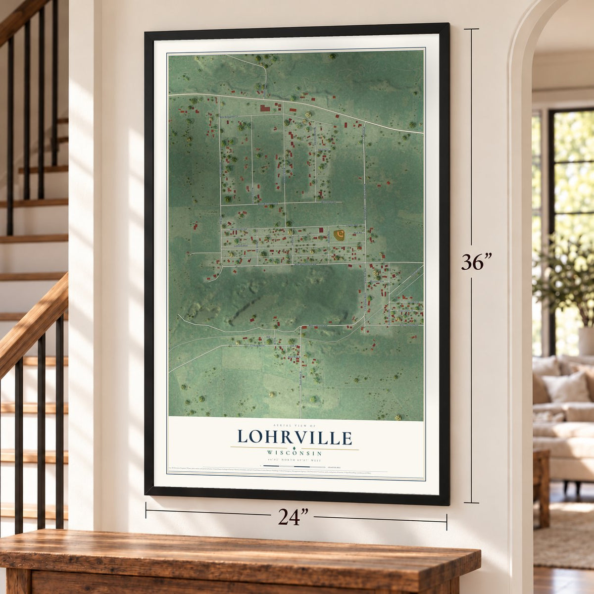 Lohrville, Wisconsin map, 24 x 36 inch print in a black frame by a staircase