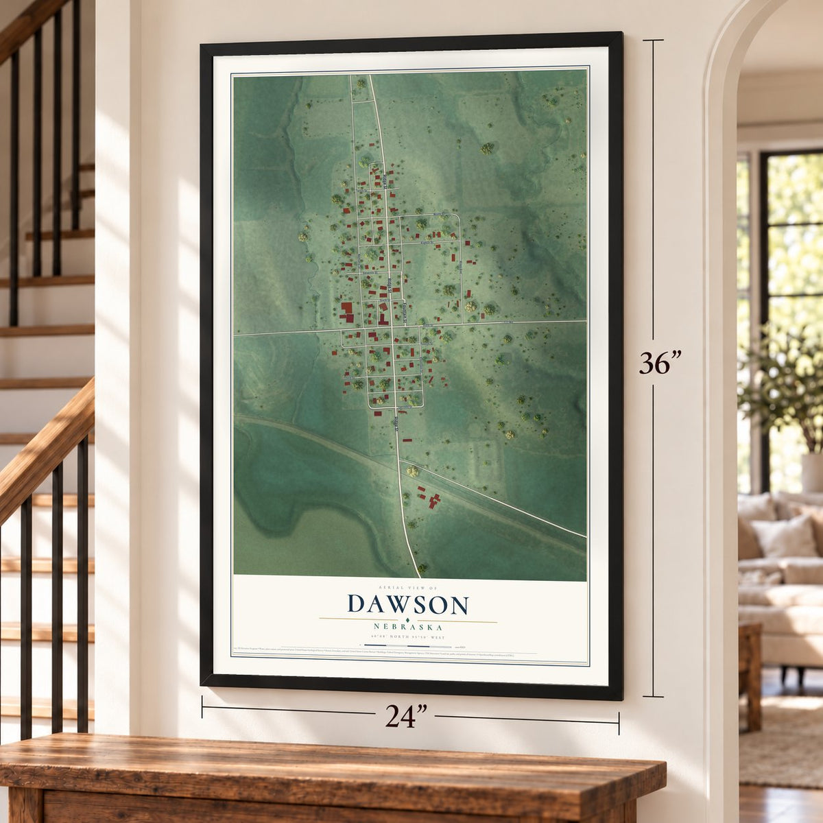 Dawson, Nebraska map, 24 x 36 inch print in a black frame by a staircase