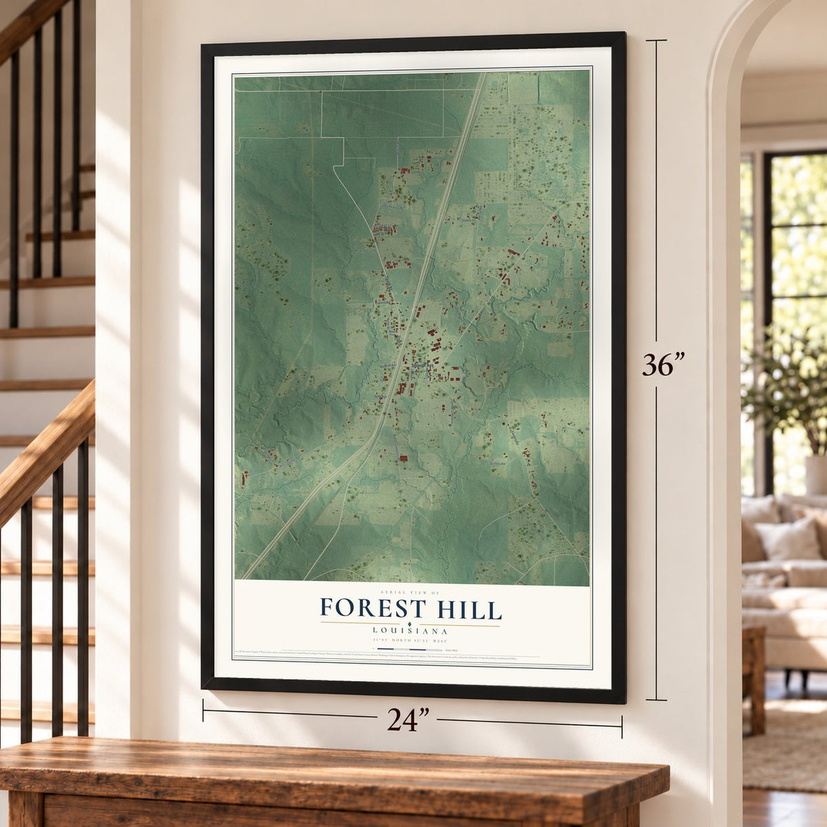 Forest Hill, Louisiana map, 24 x 36 inch print in a black frame by a staircase