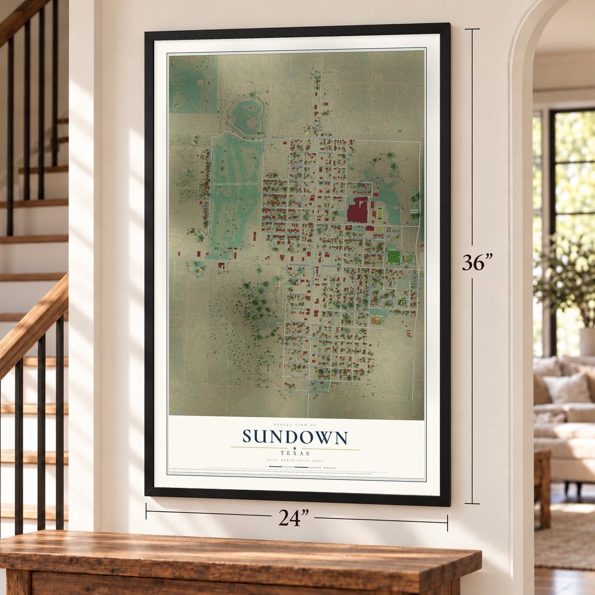 Sundown, Texas map, 24 x 36 inch print in a black frame by a staircase