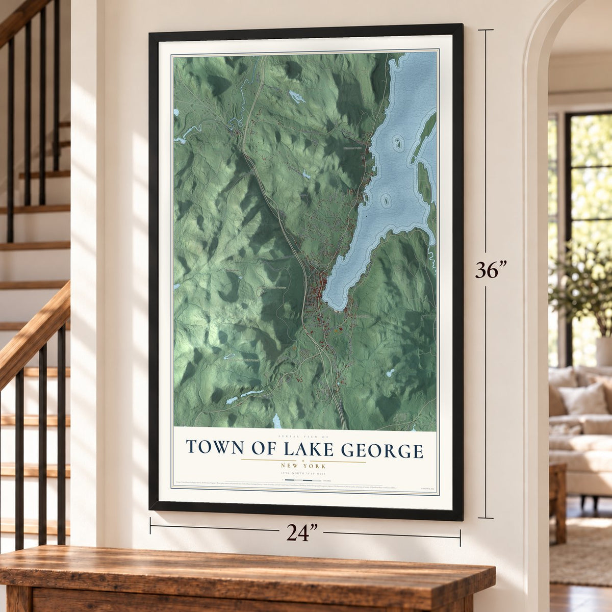 Town of Lake George, New York map, 24 x 36 inch print in a black frame by a staircase