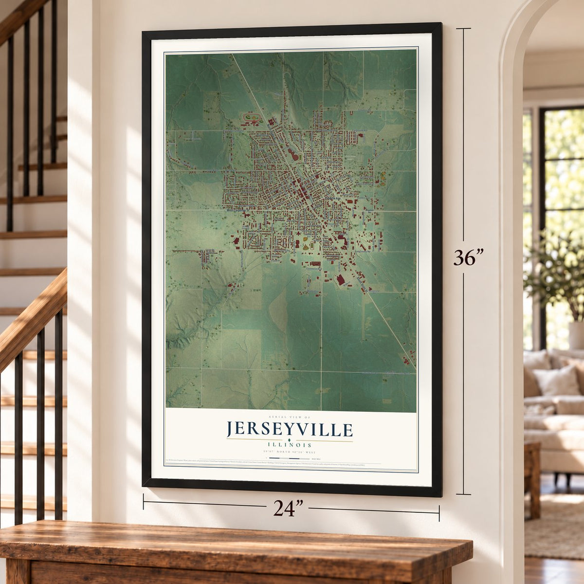 Jerseyville, Illinois map, 24 x 36 inch print in a black frame by a staircase