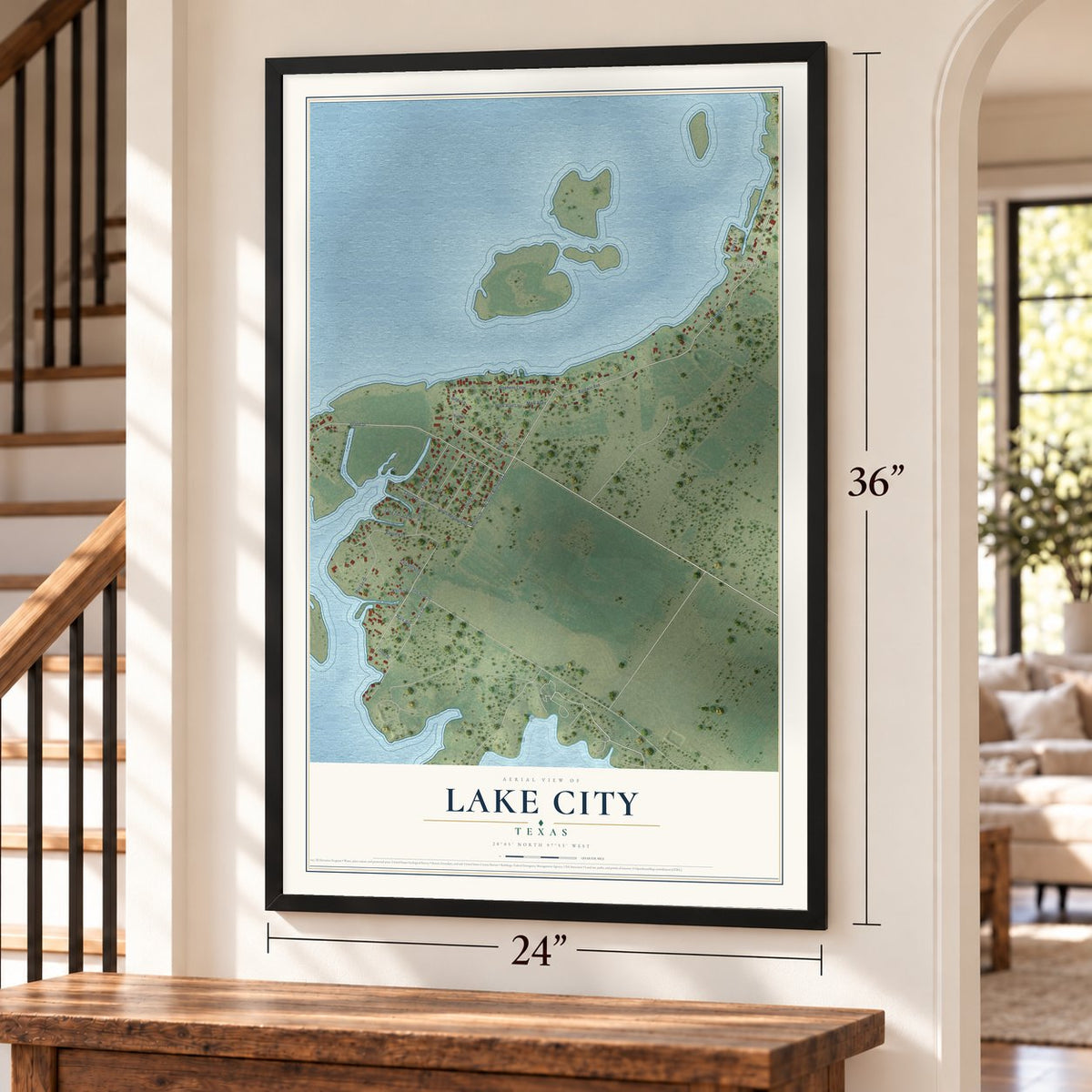 Lake City, Texas map, 24 x 36 inch print in a black frame by a staircase