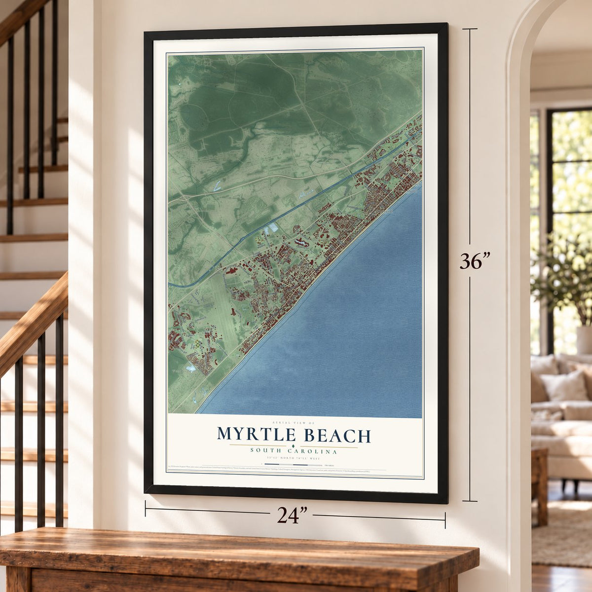 Myrtle Beach, South Carolina map, 24 x 36 inch print in a black frame by a staircase