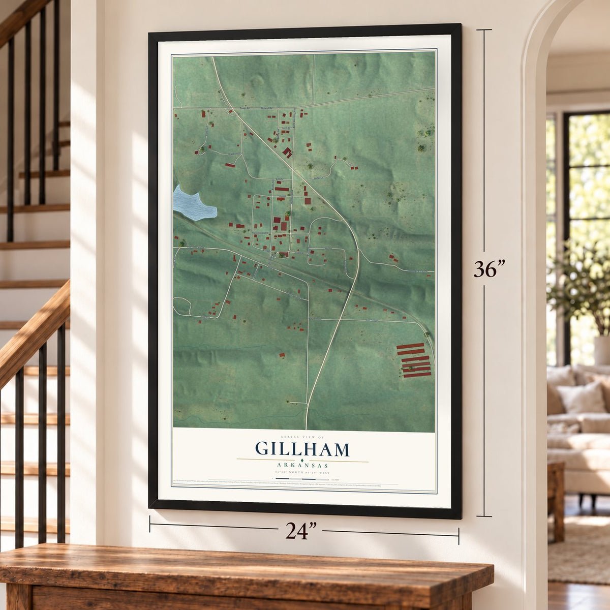 Gillham, Arkansas map, 24 x 36 inch print in a black frame by a staircase