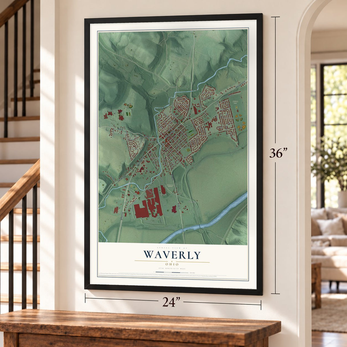 Waverly, Ohio map, 24 x 36 inch print in a black frame by a staircase