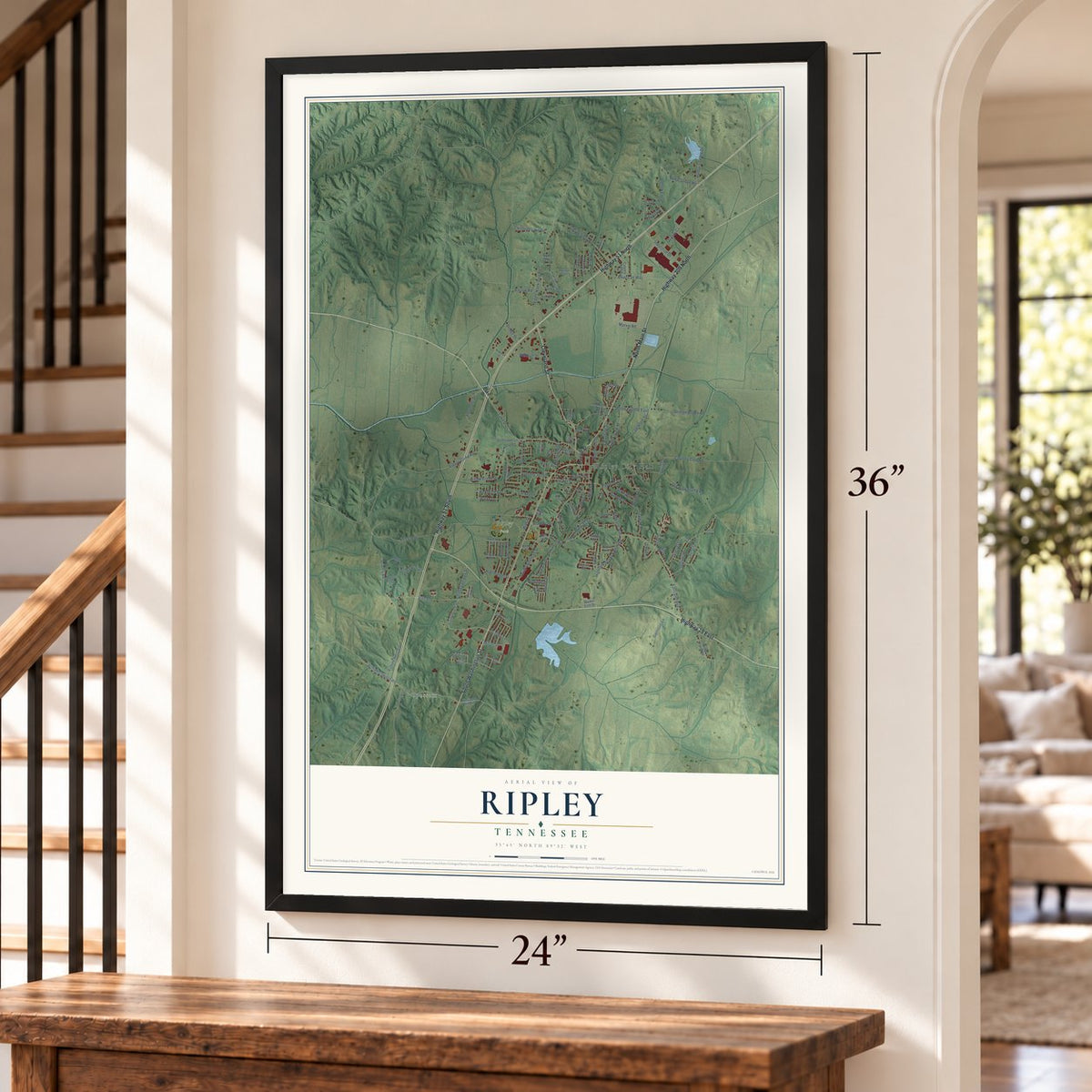 Ripley, Tennessee map, 24 x 36 inch print in a black frame by a staircase