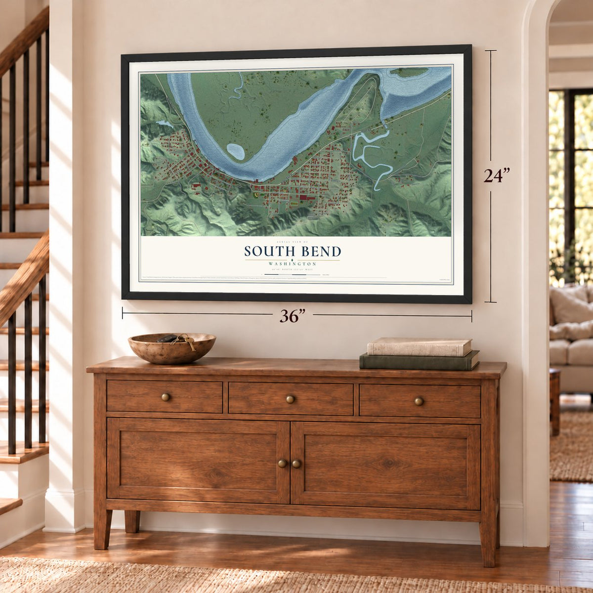 South Bend, Washington map, 24 x 36 inch print in a black frame above a dresser by a staircase