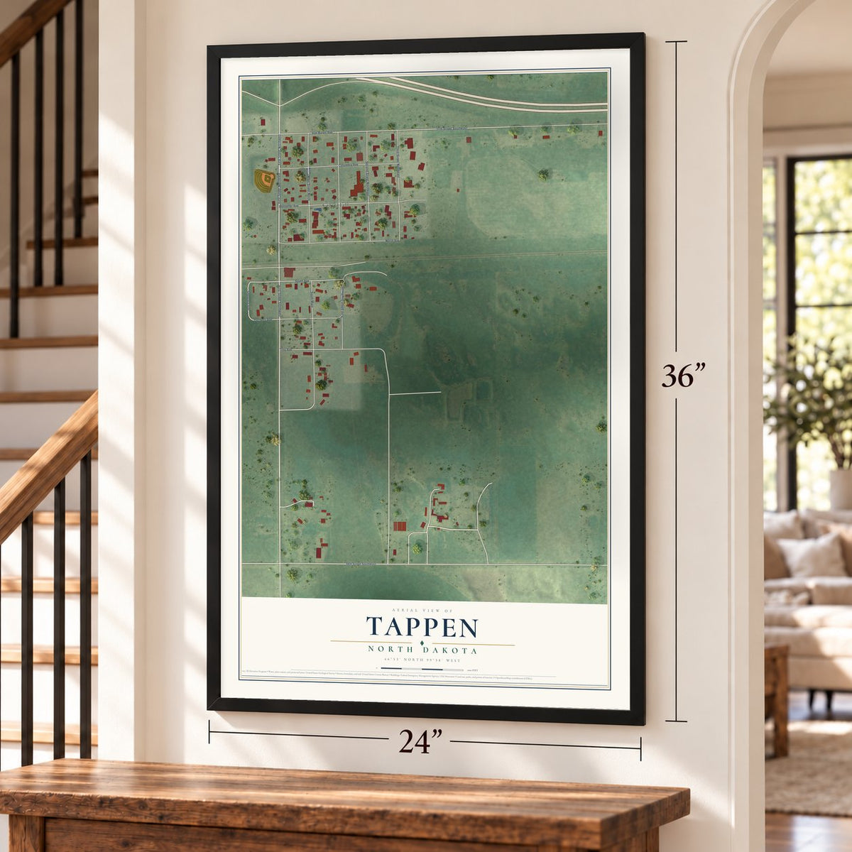 Tappen, North Dakota map, 24 x 36 inch print in a black frame by a staircase