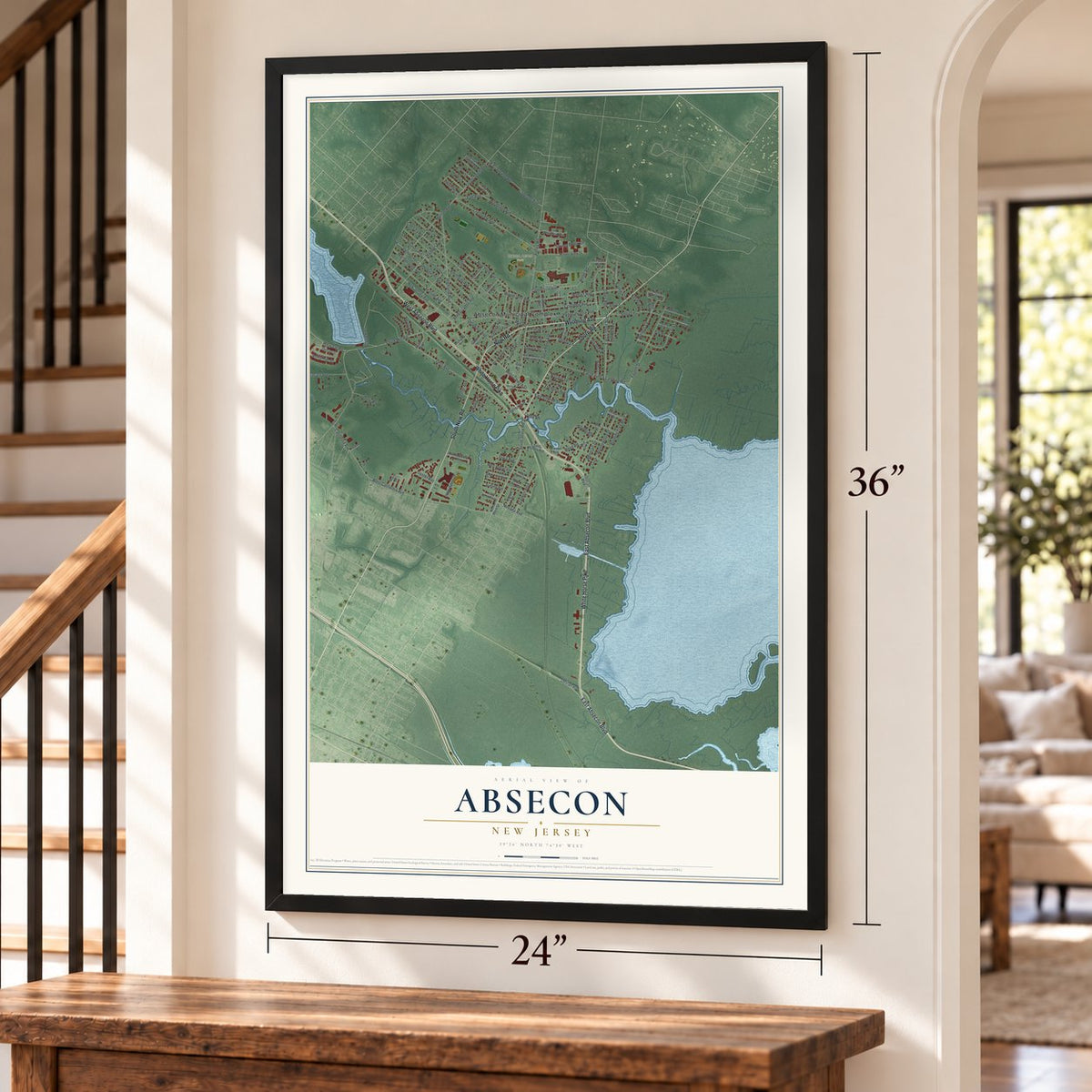 Absecon, New Jersey map, 24 x 36 inch print in a black frame by a staircase