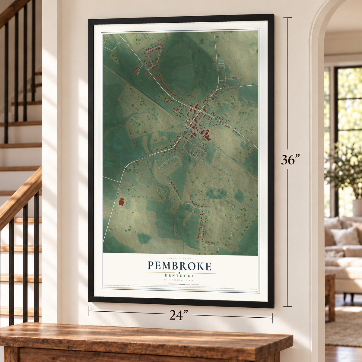 Pembroke, Kentucky map, 24 x 36 inch print in a black frame by a staircase