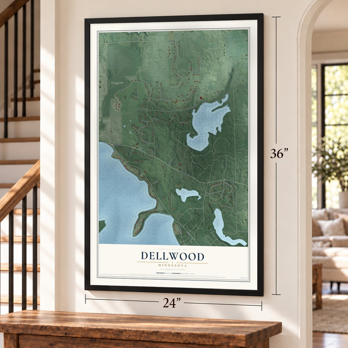 Dellwood, Minnesota map, 24 x 36 inch print in a black frame by a staircase