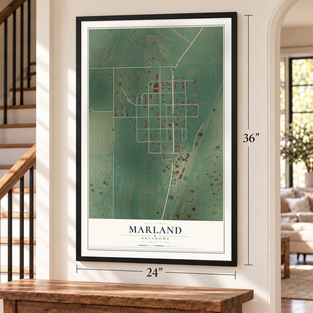 Marland, Oklahoma map, 24 x 36 inch print in a black frame by a staircase