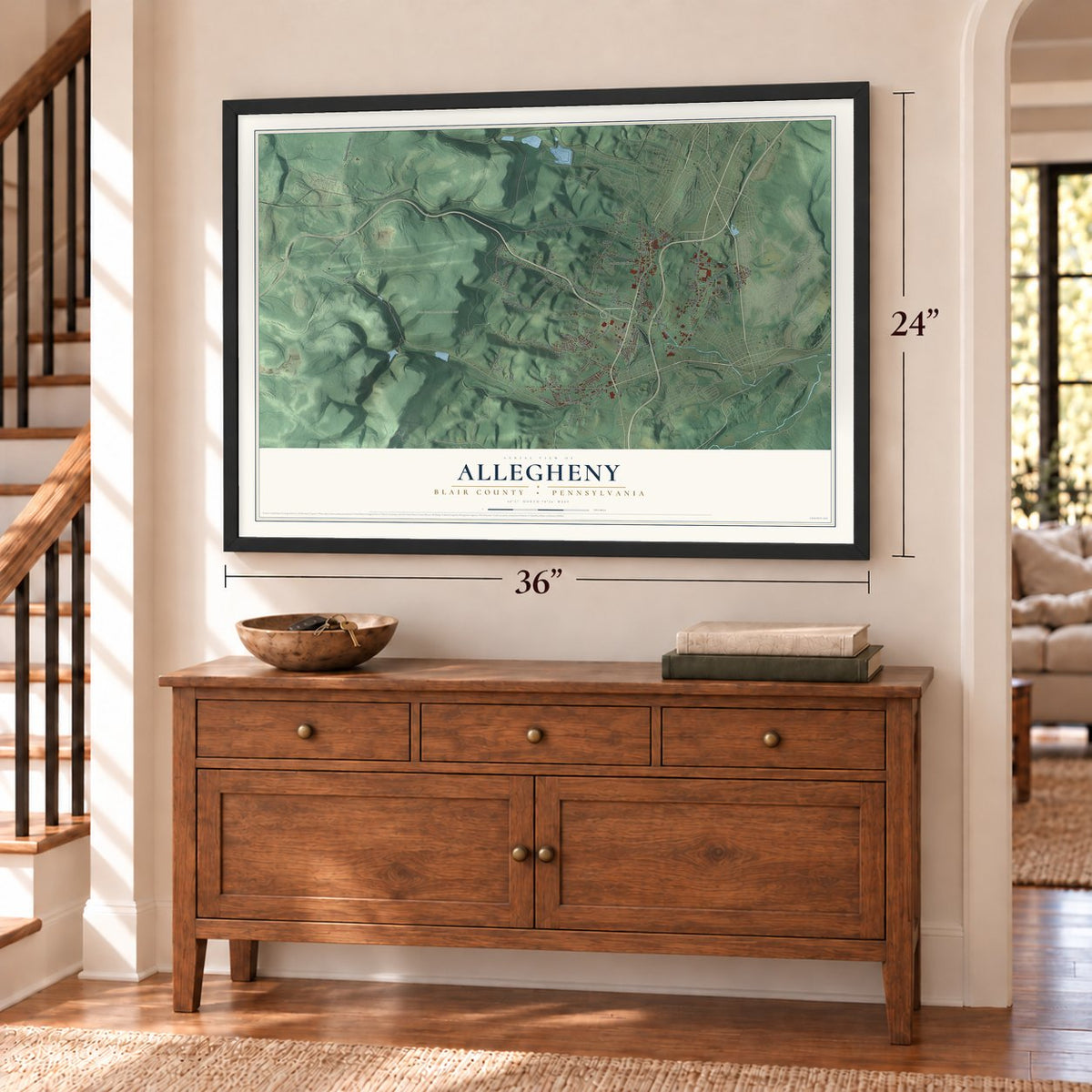 Allegheny, Blair County, Pennsylvania map, 24 x 36 inch print in a black frame above a dresser by a staircase