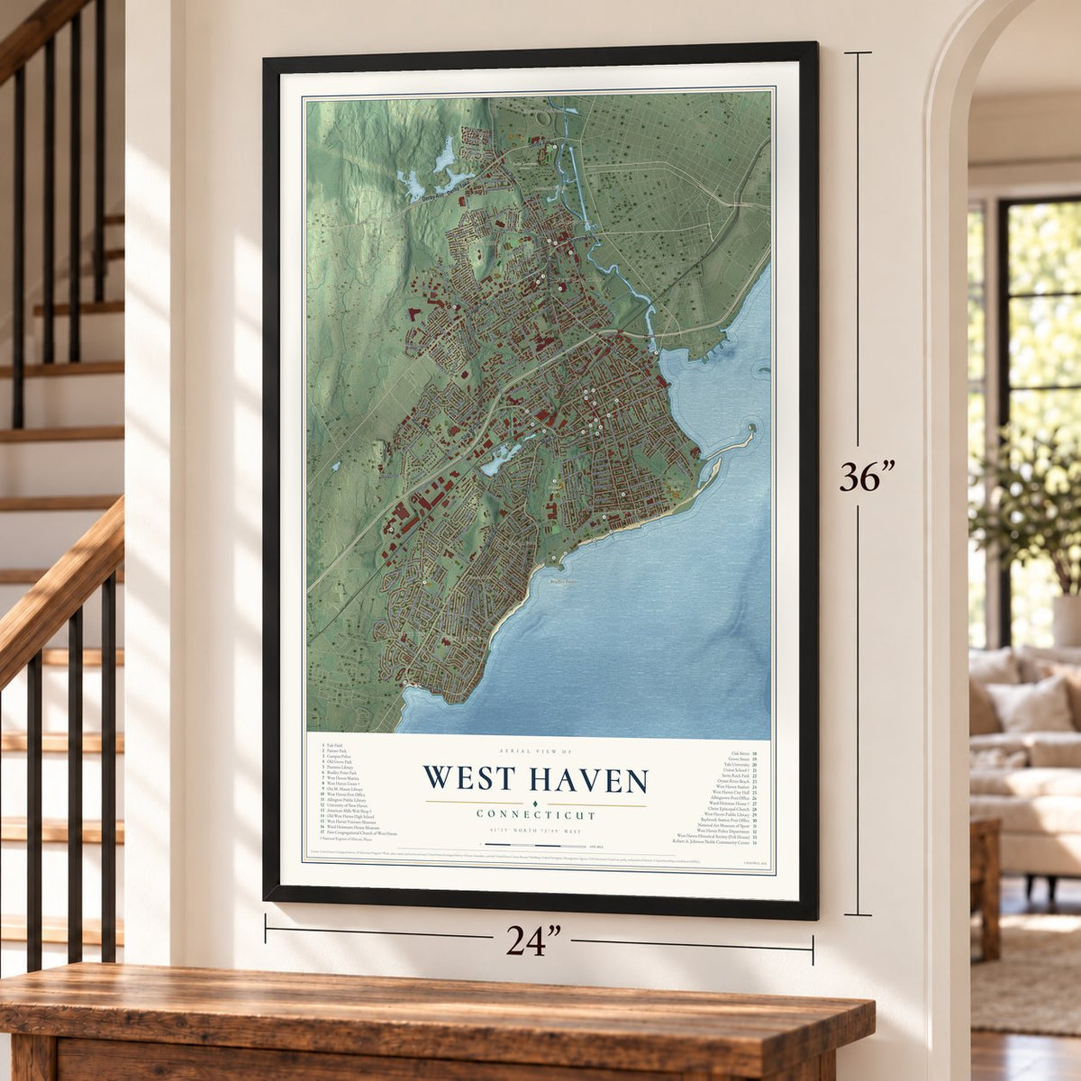 West Haven, Connecticut map, 24 x 36 inch print in a black frame by a staircase