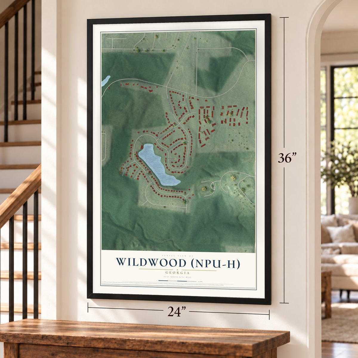 Wildwood (NPU-H), Georgia map, 24 x 36 inch print in a black frame by a staircase