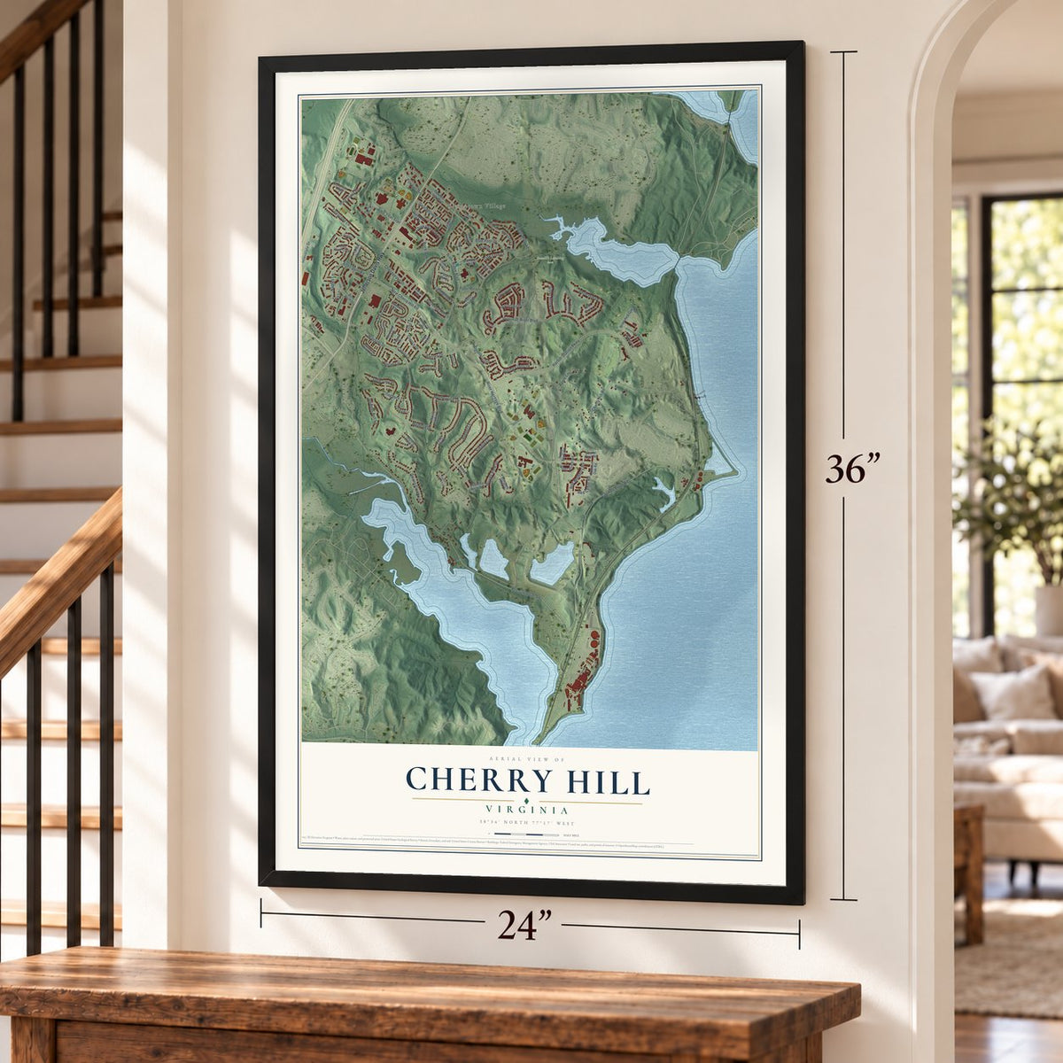 Cherry Hill, Virginia map, 24 x 36 inch print in a black frame by a staircase