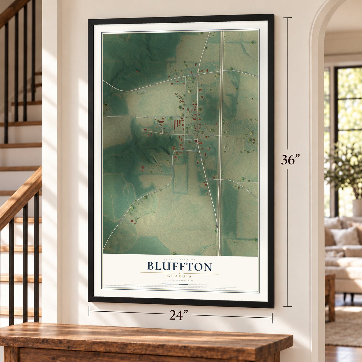 Bluffton, Georgia map, 24 x 36 inch print in a black frame by a staircase