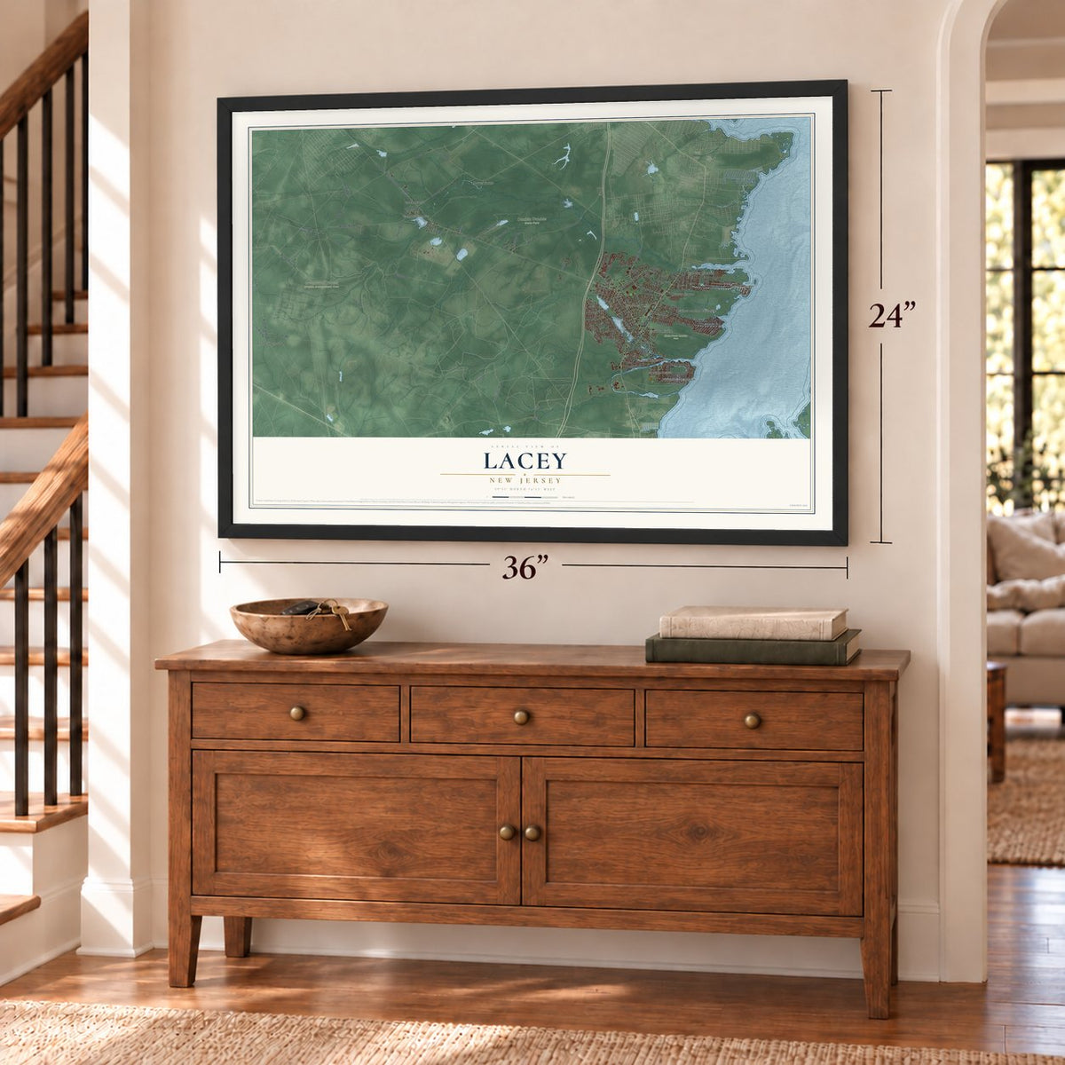 Lacey, New Jersey map, 24 x 36 inch print in a black frame above a dresser by a staircase