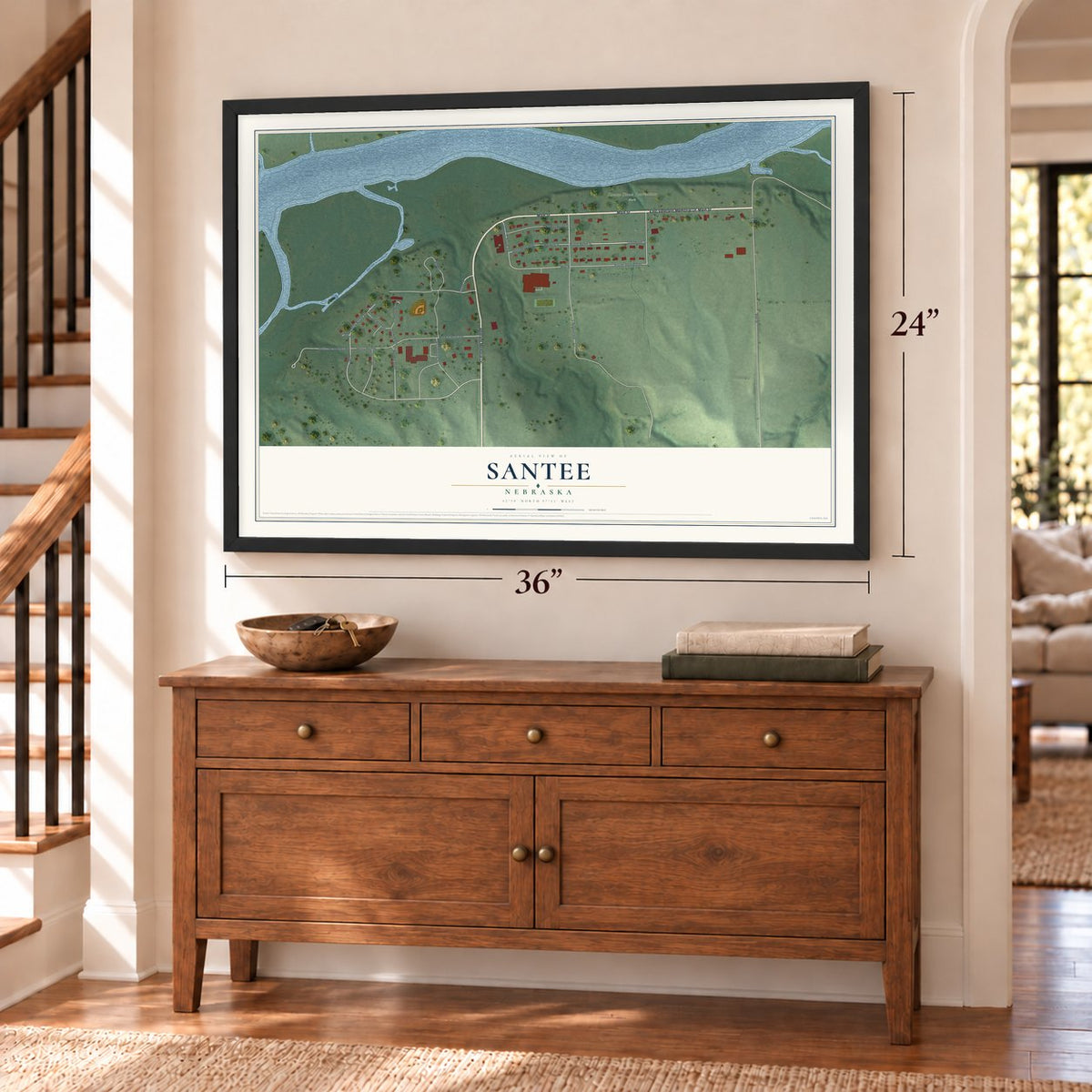Santee, Nebraska map, 24 x 36 inch print in a black frame above a dresser by a staircase