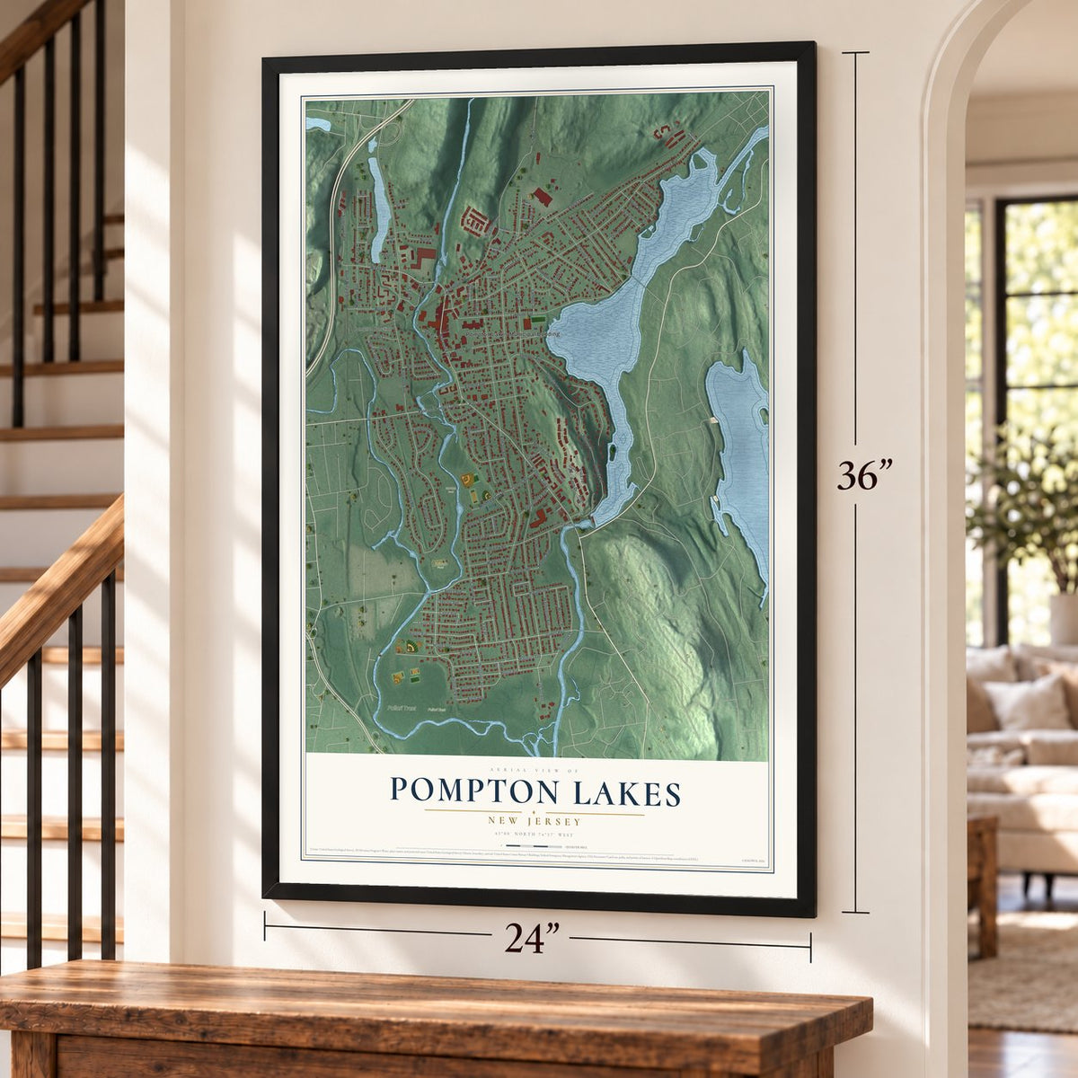 Pompton Lakes, New Jersey map, 24 x 36 inch print in a black frame by a staircase