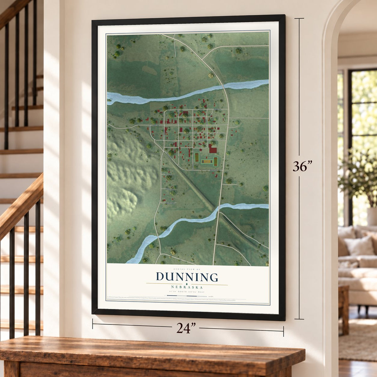 Dunning, Nebraska map, 24 x 36 inch print in a black frame by a staircase