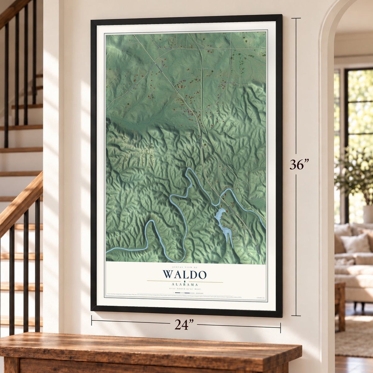 Waldo, Alabama map, 24 x 36 inch print in a black frame by a staircase
