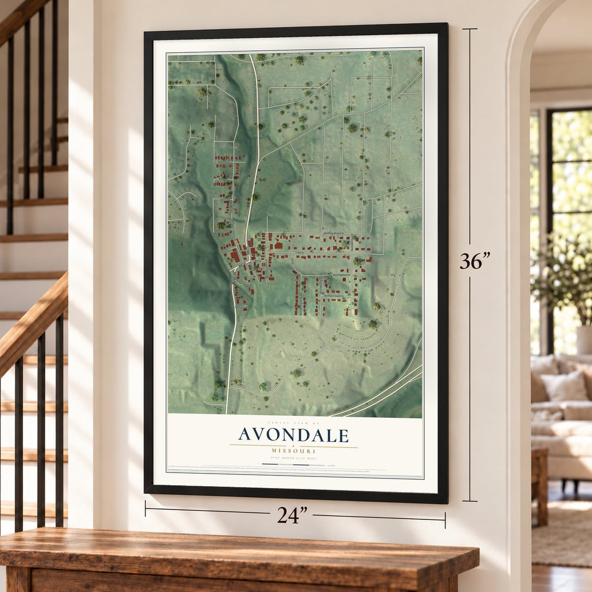 Avondale, Missouri map, 24 x 36 inch print in a black frame by a staircase
