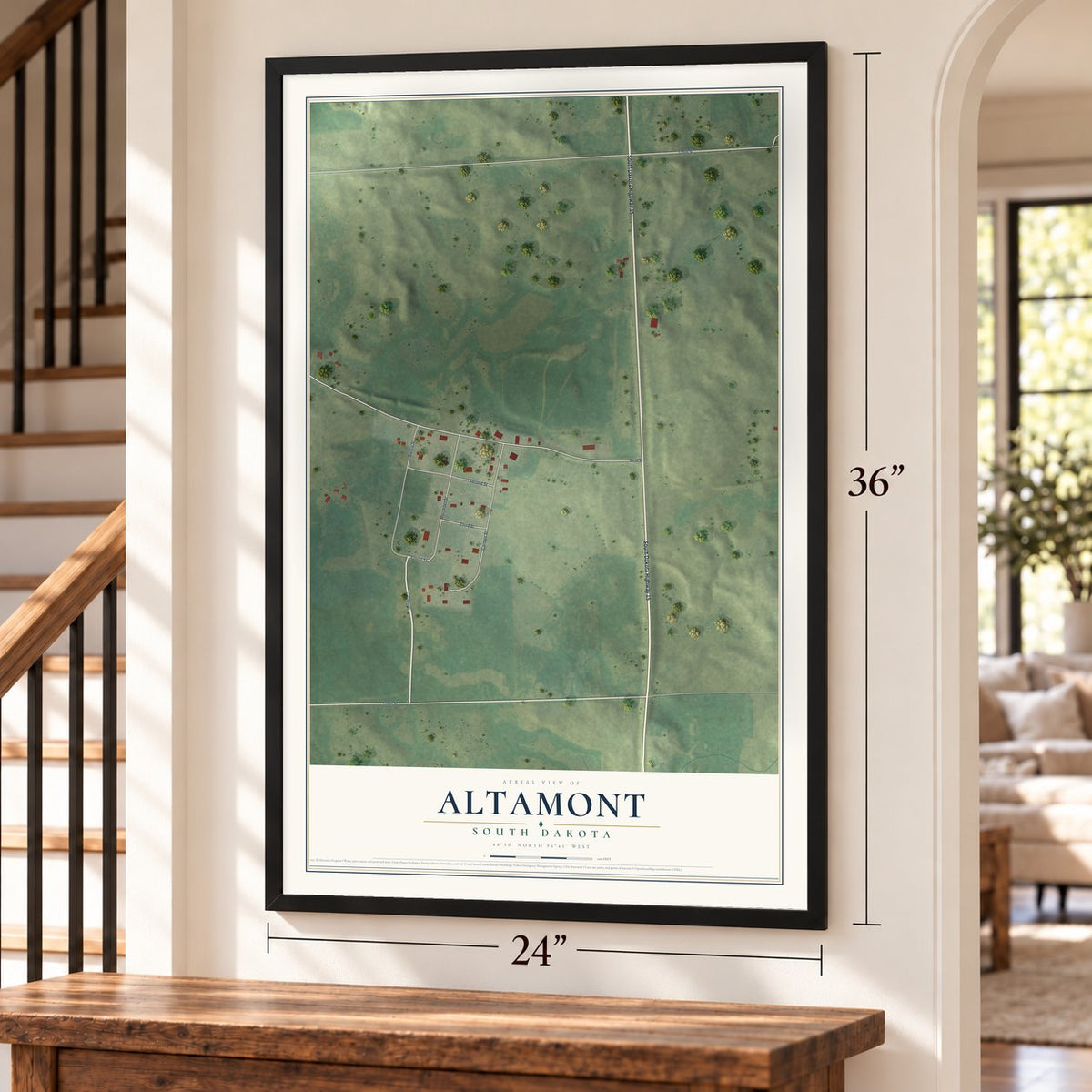 Altamont, South Dakota map, 24 x 36 inch print in a black frame by a staircase