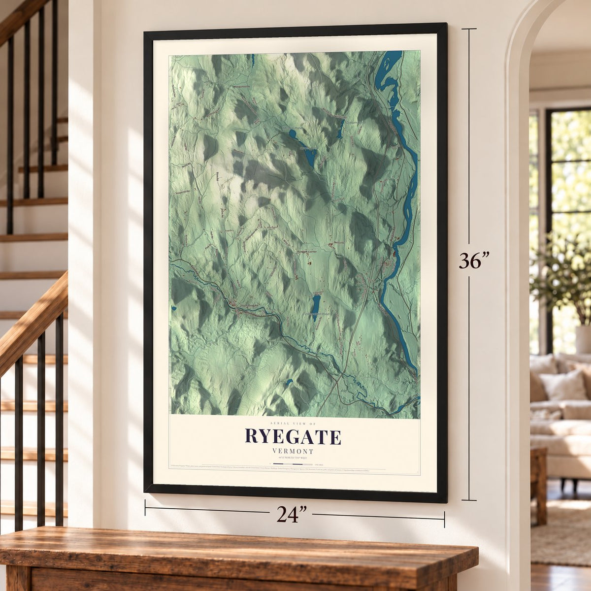 Ryegate, Vermont map, 24 x 36 inch print in a black frame by a staircase