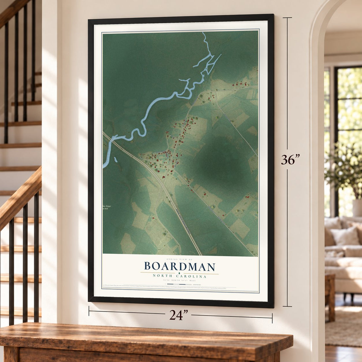 Boardman, North Carolina map, 24 x 36 inch print in a black frame by a staircase