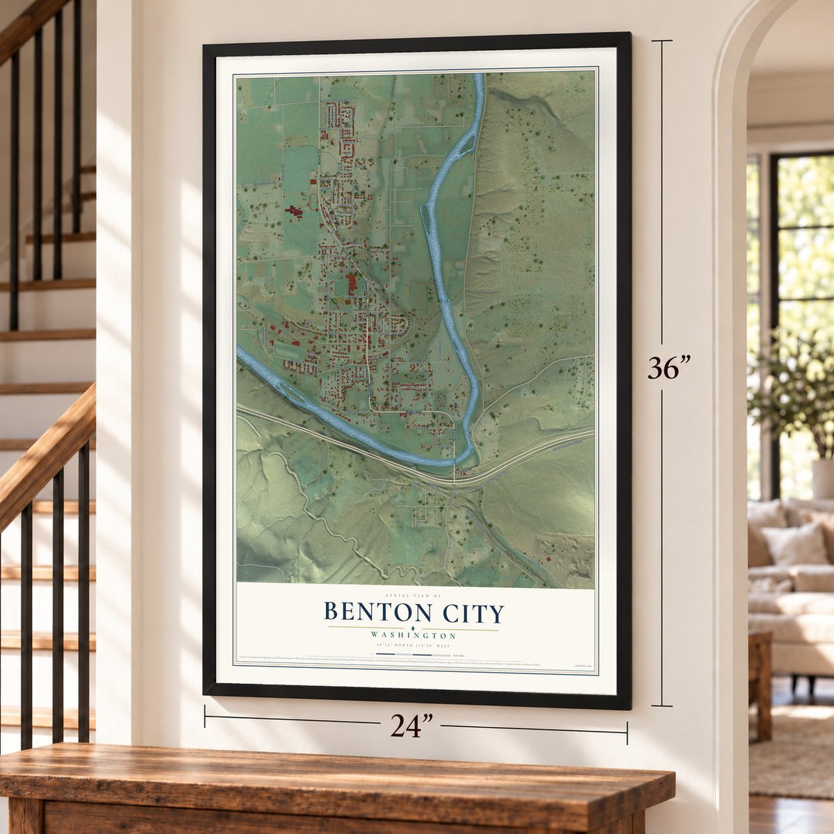 Benton City, Washington map, 24 x 36 inch print in a black frame by a staircase