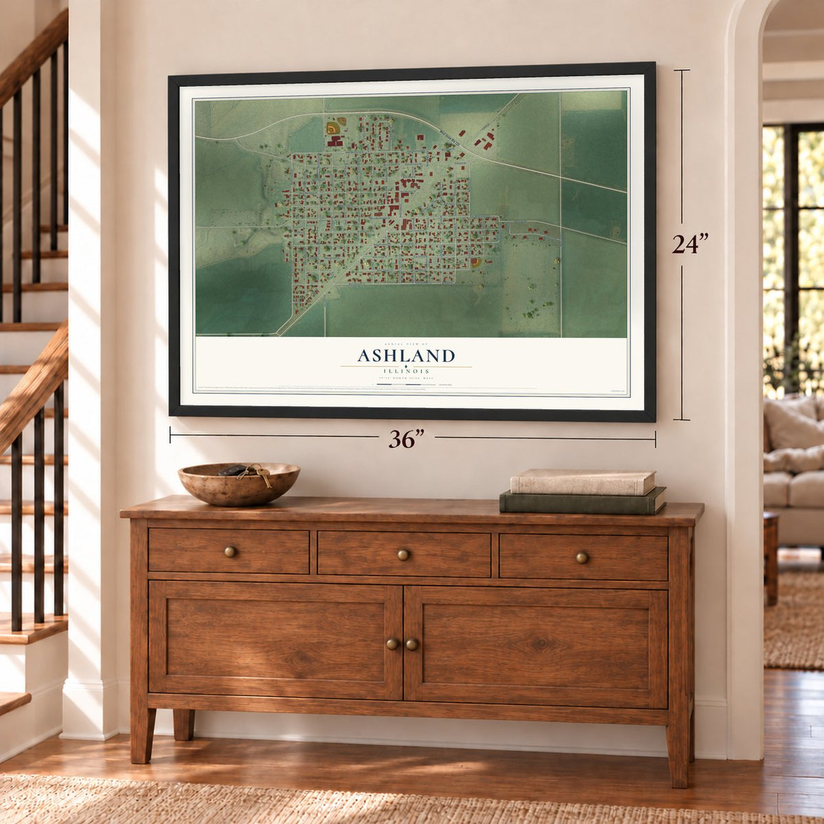 Ashland, Illinois map, 24 x 36 inch print in a black frame above a dresser by a staircase