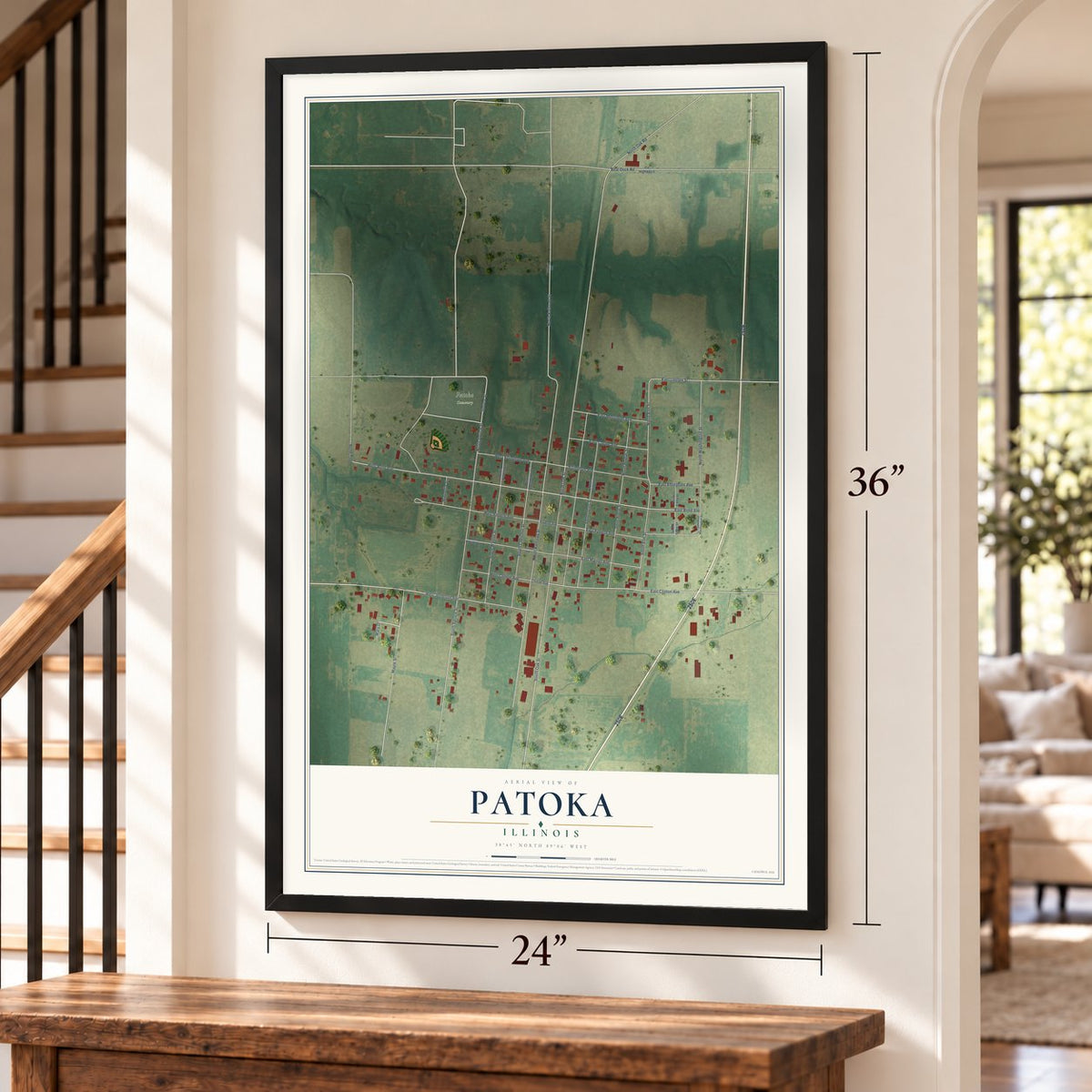 Patoka, Illinois map, 24 x 36 inch print in a black frame by a staircase