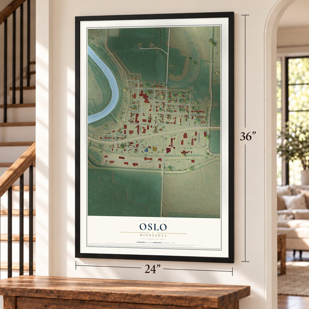 Oslo, Minnesota map, 24 x 36 inch print in a black frame by a staircase
