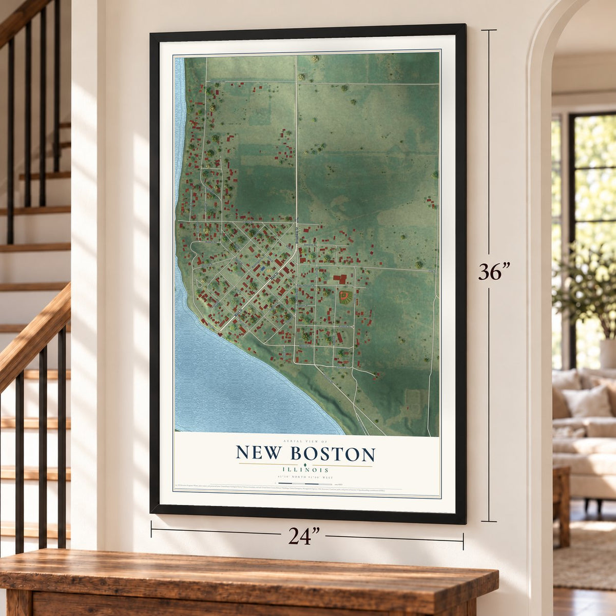 New Boston, Illinois map, 24 x 36 inch print in a black frame by a staircase