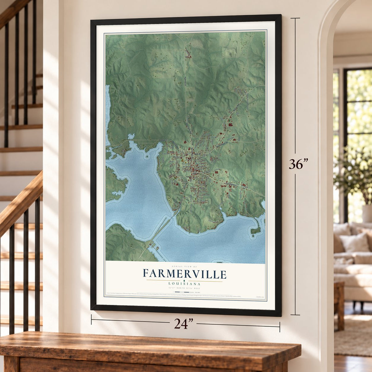 Farmerville, Louisiana map, 24 x 36 inch print in a black frame by a staircase