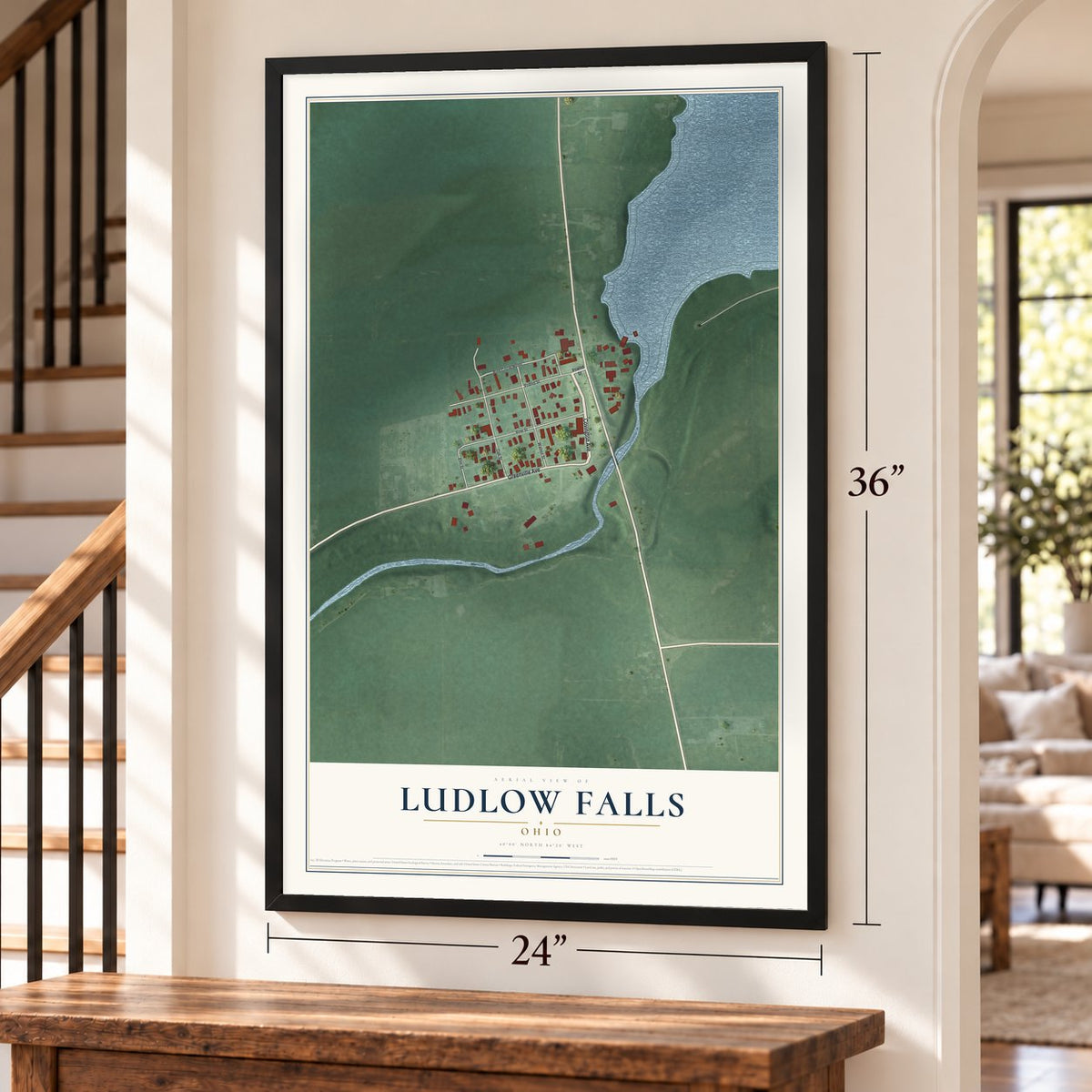 Ludlow Falls, Ohio map, 24 x 36 inch print in a black frame by a staircase